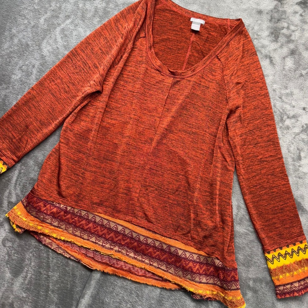 E. Oliver Orange Tunic Top‎ XL Long Sleeve Textured Knit Bohemian Trim Women
